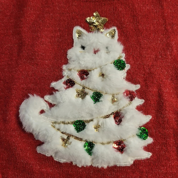 Like New Girls Size 5 / 6 Christmas Tree Fuzzy Cat Red Metallic Shimmer Sweater - Picture 2 of 7